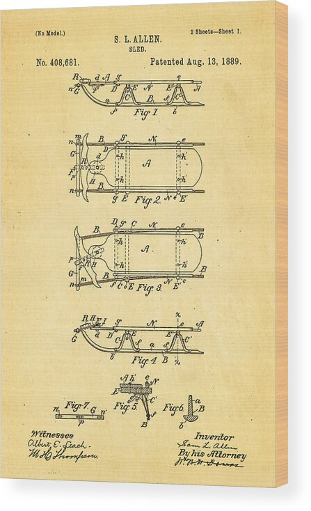 Famous Wood Print featuring the photograph Allen Sled Patent Art 1889 by Ian Monk