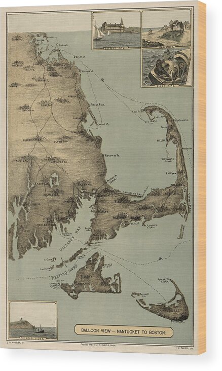 Cape Cod Wood Print featuring the drawing Antique Map of Cape Cod Massachusetts by J. H. Wheeler - 1885 by Blue Monocle