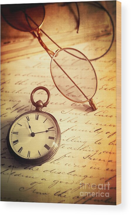 Aged Wood Print featuring the photograph Antique pocket watch with glasses on letter by Sandra Cunningham