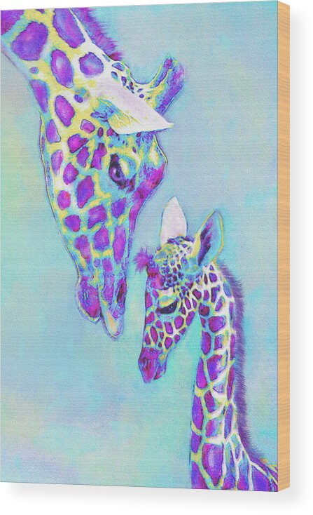 Jane Schnetlage Wood Print featuring the digital art Aqua And Purple Loving Giraffes by Jane Schnetlage