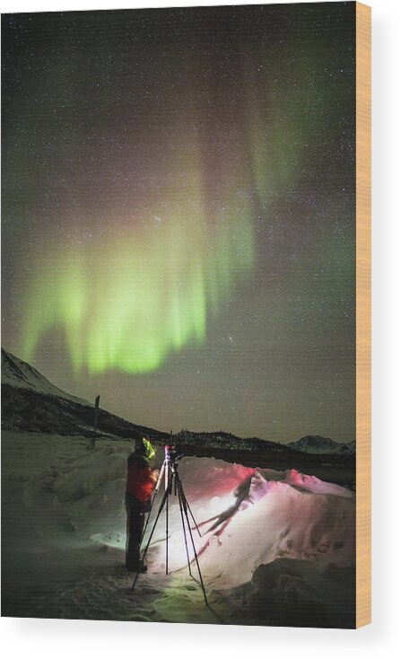 Alaska Wood Print featuring the photograph Aurora Borealis And Photographer by Chris Madeley