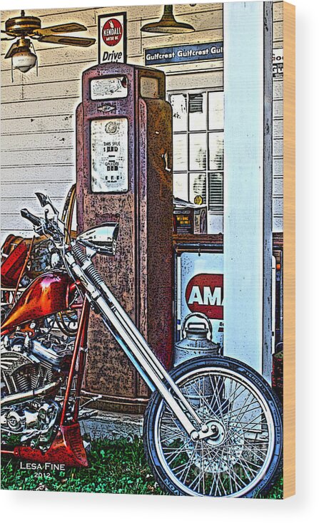 Chopper; Vehicle Wood Print featuring the photograph Aztec and the Gas Pump by Lesa Fine