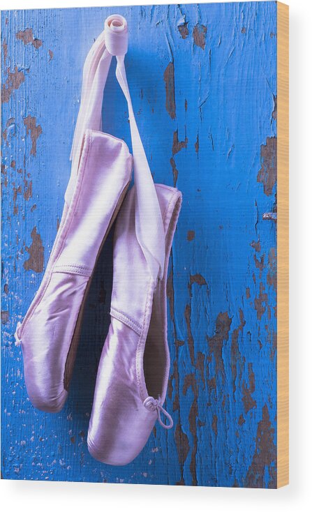 Ballet Shoes Shoe Wood Print featuring the photograph Ballet shoes on blue wall by Garry Gay