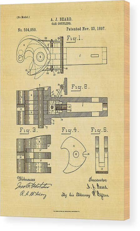 Engineer Wood Print featuring the photograph Beard Railroad Coupler Patent Art 1897 by Ian Monk