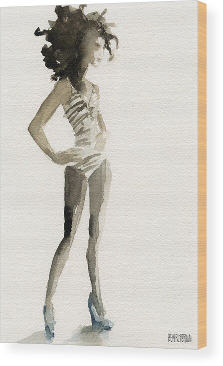 Neutral Wood Print featuring the painting Black and White Stripes 3 Watercolor Fashion Woman Art Print by Beverly Brown