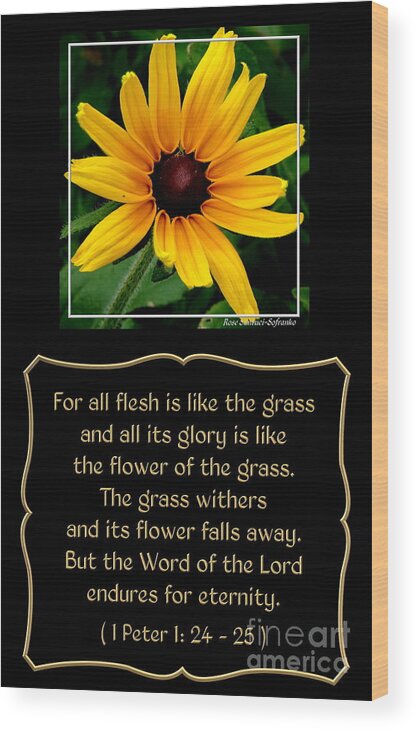 Black-eyed Susans Wood Print featuring the photograph Blackeyed Susan with Bible Quote from 1 Peter by Rose Santuci-Sofranko