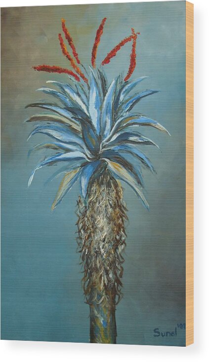 Turquoise Wood Print featuring the painting Blue Aloe with red flowers by Sunel De Lange