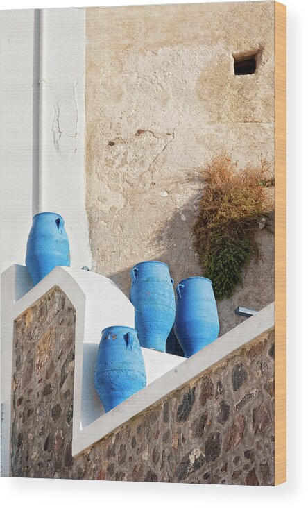 Tranquility Wood Print featuring the photograph Blue Clay Pots In The Sun Of Fira by Ralucahphotography.ro