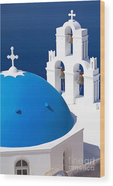 Santorini Wood Print featuring the photograph Blue dome church by Aiolos Greek Collections