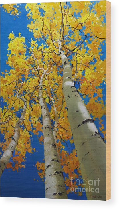 Blue Sky And Tall Aspen Trees Wood Print featuring the painting Blue Sky and Tall Aspen Trees by Gary Kim