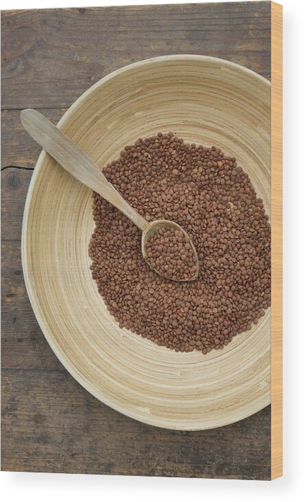 Spoon Wood Print featuring the photograph Bowl Of Lentils With Wooden Spoon On by Westend61