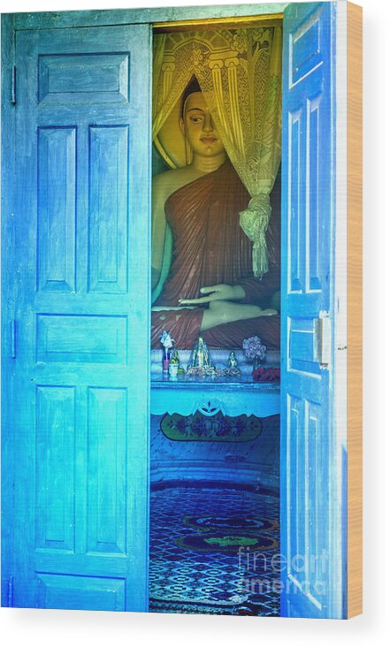 Buddha Wood Print featuring the photograph Buddha Behind A Blue Door by Gina Koch