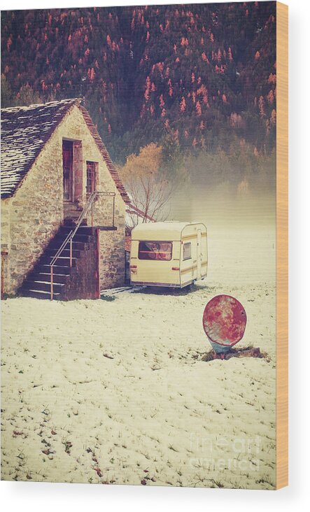 Bin Wood Print featuring the photograph Caravan in the snow with house and wood by Silvia Ganora