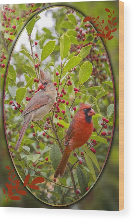 Cardinals Wood Print featuring the photograph Cardinals in Holly by Bonnie Barry