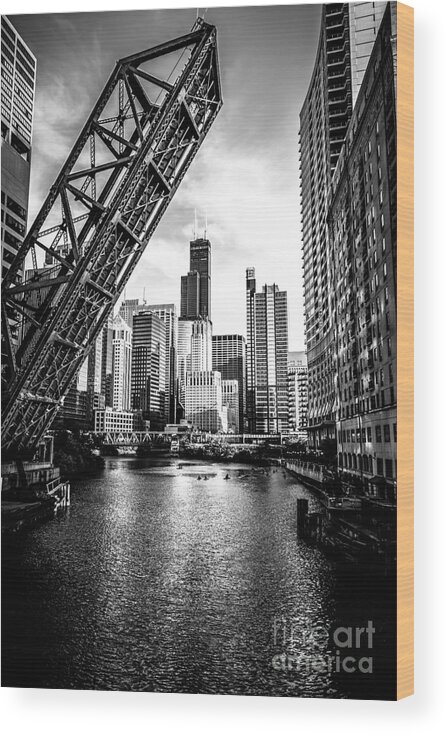 America Wood Print featuring the photograph Chicago Kinzie Street Bridge Black and White Picture by Paul Velgos