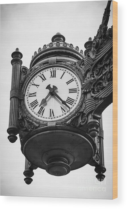 America Wood Print featuring the photograph Chicago Macy's Marshall Field's Clock in Black and White by Paul Velgos