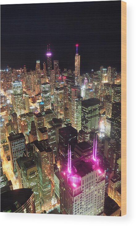 Chicago Wood Print featuring the photograph Chicago night aerial view by Songquan Deng