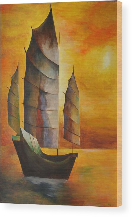 Sailboat Wood Print featuring the painting Chinese Junk In Ochre by Taiche Acrylic Art