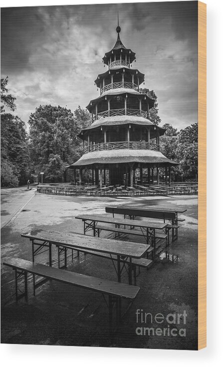 Architecture Wood Print featuring the photograph Chinesischer Turm bw by Hannes Cmarits