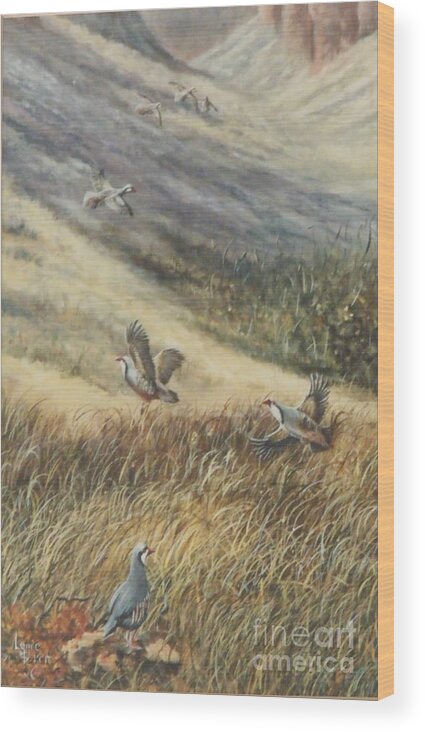 Chukars In Flight Wood Print featuring the painting Chukars In Flight by Lynne Parker