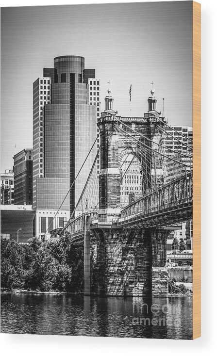 2012 Wood Print featuring the photograph Cincinnati Roebling Bridge Black and White Picture by Paul Velgos