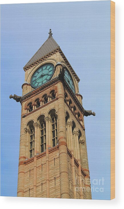 Gargoyles Wood Print featuring the photograph Clock tower at Old City Hall by Nina Silver