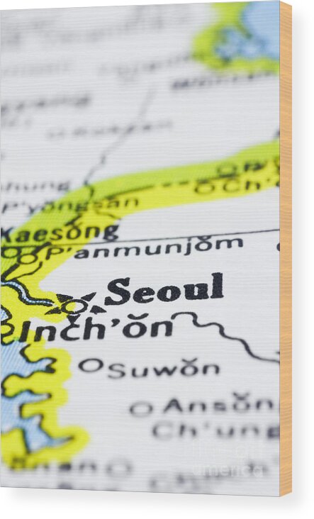 Asia Wood Print featuring the photograph close up of Seoul on map-korea by Tuimages 