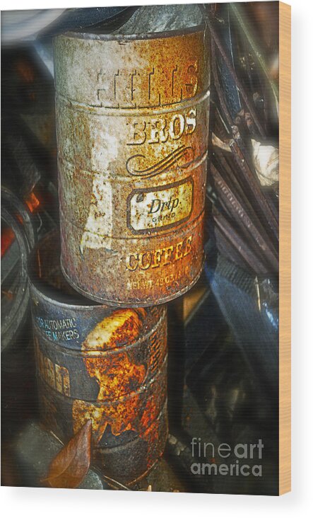 Coffee Nostalgia Old Tin Rust Hills Bros Can Yuban Junk Recycle Trash Caffeine Caffeinated Gwyn Newcombe Wood Print featuring the photograph Coffee Nostalgia by Gwyn Newcombe