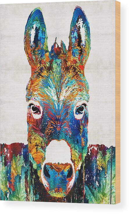 Donkey Wood Print featuring the painting Colorful Donkey Art - Mr. Personality - By Sharon Cummings by Sharon Cummings