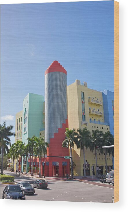 Avenue Wood Print featuring the photograph Colorful Post Modern Building On Busy by Barry Winiker
