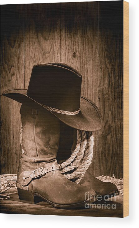 Boots Wood Print featuring the photograph Cowboy Hat and Boots by Olivier Le Queinec