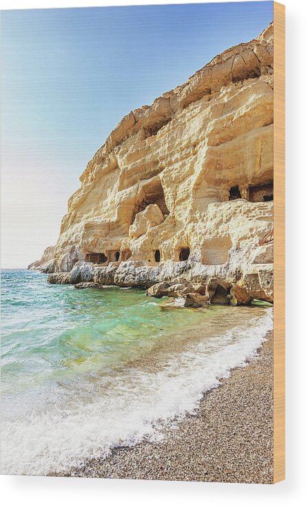 Water's Edge Wood Print featuring the photograph Crete Matala Hippie Caves Greece by Mlenny