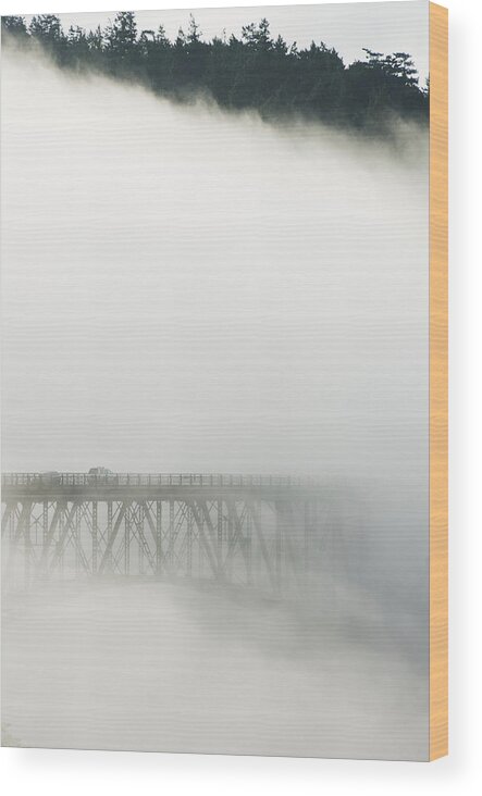 Feb0514 Wood Print featuring the photograph Deception Pass Bridge In Fog Whidbey Isl by Kevin Schafer