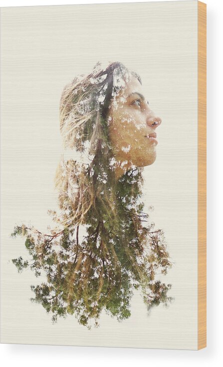 People Wood Print featuring the photograph Double exposure of a young woman and trees by Owl Stories