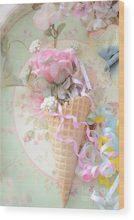 Dreamy Food Photography Wood Print featuring the photograph Dreamy Shabby Chic Romantic Floral Art Waffle Cone Roses Party Ribbon - Waffle Cone Floral Decor by Kathy Fornal