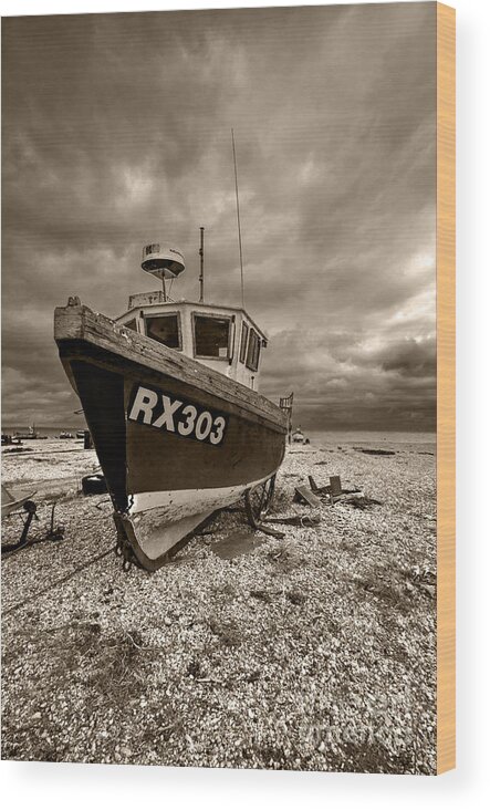 Dungeness Wood Print featuring the photograph Dungeness Boat Under Stormy Skies by Bel Menpes