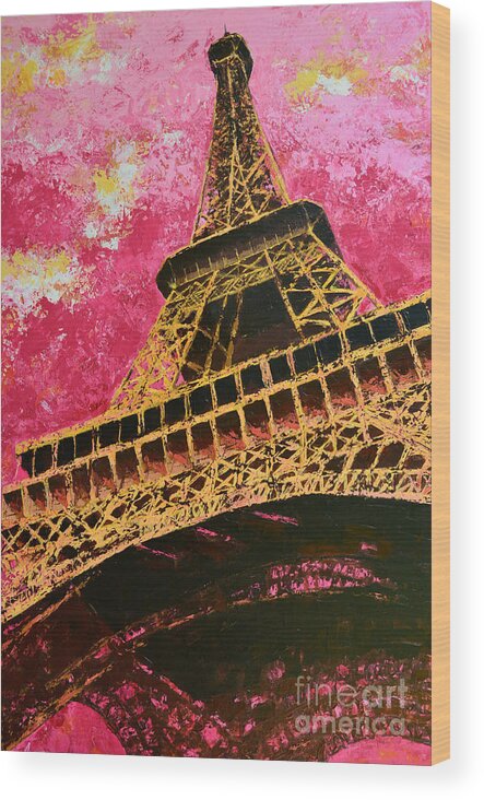 Eiffel Tower Acrylic Painting Wood Print featuring the painting Eiffel Tower Iconic Structure by Patricia Awapara