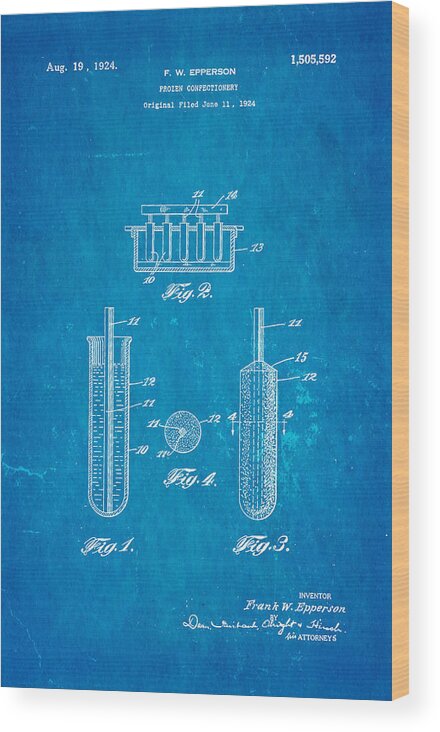 Famous Wood Print featuring the photograph Epperson Popsicle Patent Art 1924 Blueprint by Ian Monk