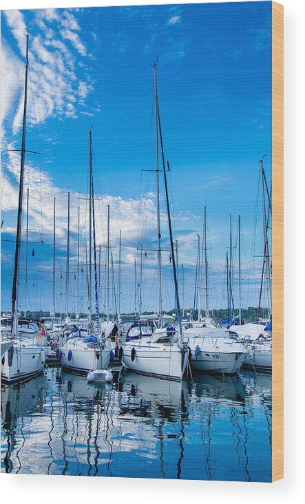 Boat Wood Print featuring the photograph Evening harbour with sailboats by Andreas Berthold