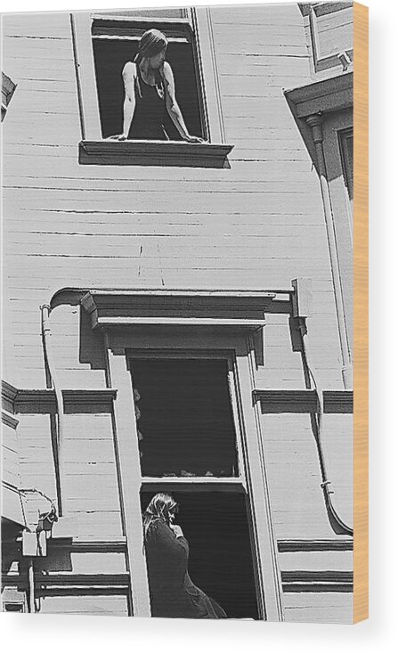 Film Noir Thelma Ritter Rear Window 1954 1 Women In Windows San Francisco Ca 1972 Wood Print featuring the photograph Film Noir Thelma Ritter Rear Window 1954 1 women in windows San Francisco CA 1972 by David Lee Guss