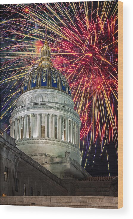 Fireworks Wood Print featuring the digital art Fireworks at WV Capitol by Mary Almond