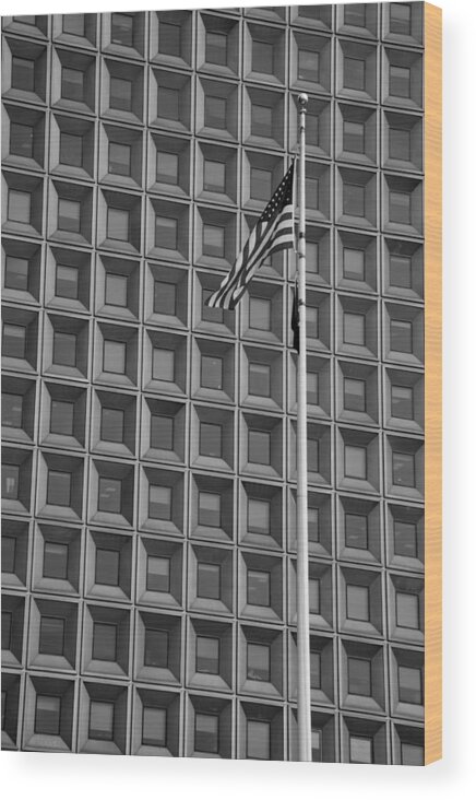 Abstract Wood Print featuring the photograph FLAG AND WINDOWS in BLACK AND WHITE by Rob Hans