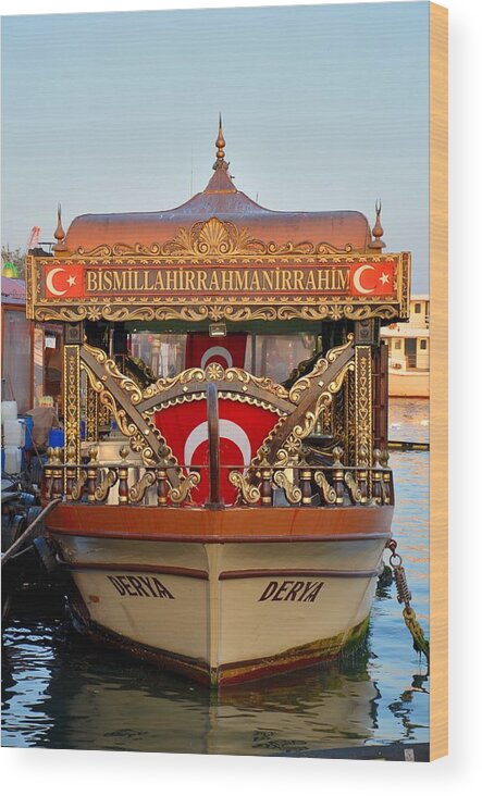 Istanbul Turkey Seafood Boat Flag Sea Dock Moored Cruise Wood Print featuring the photograph Floating sea food restaurant Istanbul Turkey by Imran Ahmed