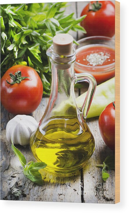 Oil Wood Print featuring the photograph Olive Oil and Food Ingredients by Jelena Jovanovic
