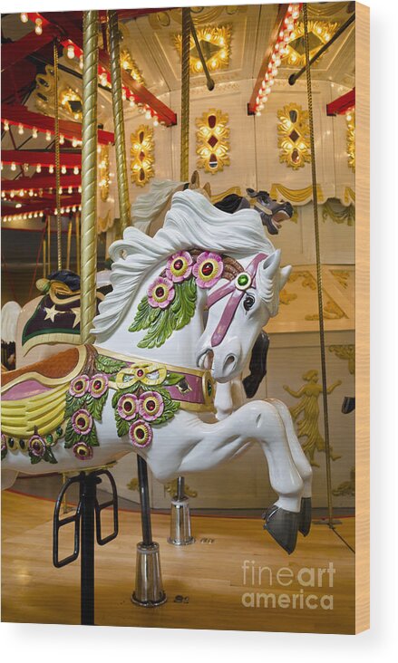 Vintage Carousel Wood Print featuring the photograph Galloping White Beauty - Vintage Carousel Horse by Maria Janicki