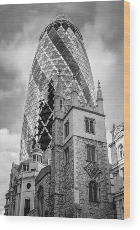 21st Century Wood Print featuring the photograph Gherkin and St Andrew Undershaft black and white version by Gary Eason