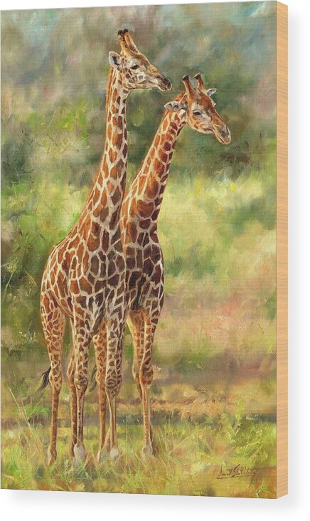 Giraffes Wood Print featuring the painting Giraffes by David Stribbling