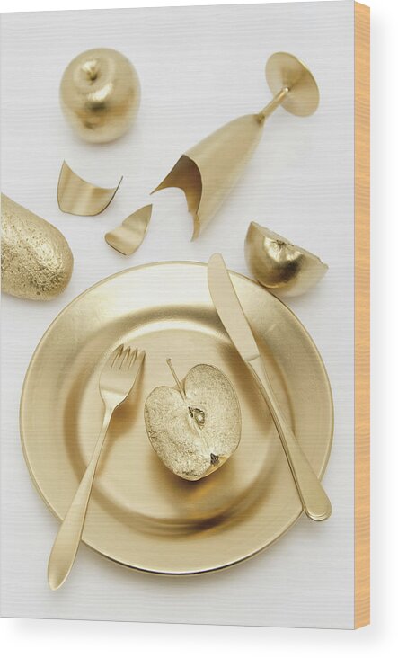 White Background Wood Print featuring the photograph Golden Cutlery With Apple And Bread On by Westend61