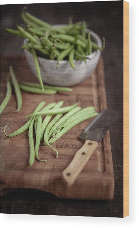 Cutting Board Wood Print featuring the photograph Green Beans In White Wood Bowl by Westend61