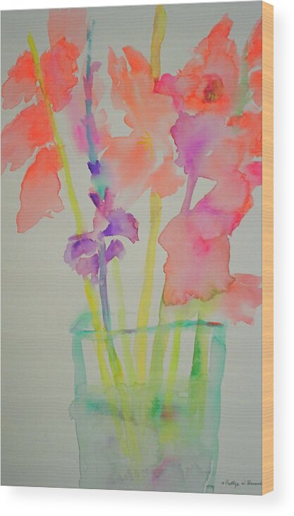Flower Painting Wood Print featuring the painting Green Vase with Flowers by Bettye Harwell